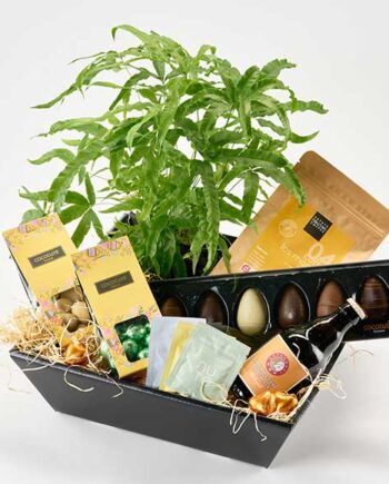 Festlig påske-gaveæske med snacks og plante til 700 DKK